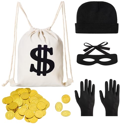 Disfraz de ladrón de bancos para mujer, hombre y niños, disfraz de criminal ladrón con estampado de monedas doradas, máscara de ojos, bolsa de dinero dólar, gorra, guantes para carnaval, Halloween,