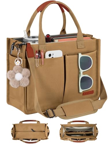 Image of FIORETTO Womens Canvas Tote Bag Purse with Individual Compartment, Zipper Top, Reinforced Bottom & Luggage Sleeve