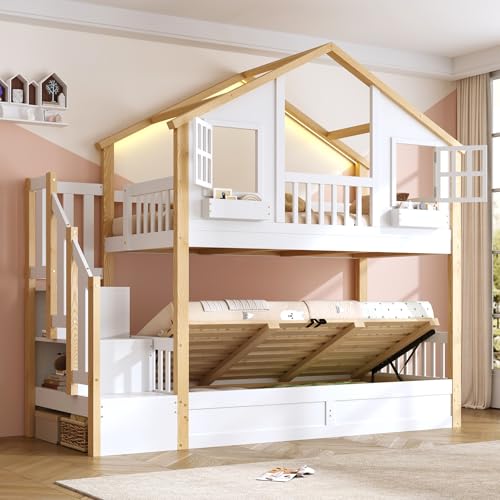 Sapgaks Lit superposé Enfant en Bois Massif 90x200 avec LED,Espace de Stockage hydraulique,lit cabane Enfants avec escalier de Rangement,Cadre de lit...