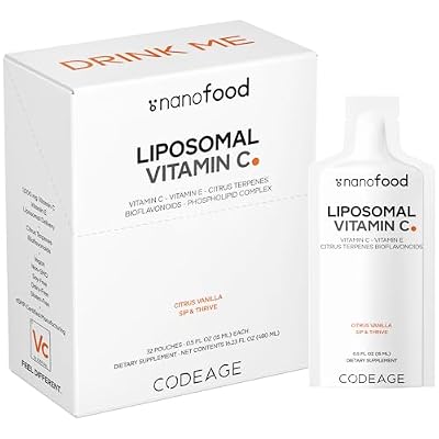 Codeage Liposomal Vitamin C Liquid 1000mg Vitamin C, 4000mg Essential Phospholipids, Supplement For Daily Immune Support, Liposomes For Absorption, Citrus Bioflavonoids, Vitamin E, Non-GMO, 32 Pouches