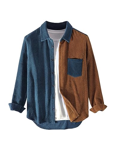 UANEO Mens Shacket Patchwork Long Sleeve Button Down Corduroy Shirts for Men