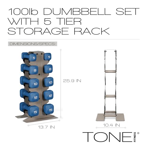 Image of Tone Fitness Neoprene Dumbbell Set with Storage Rack - Non-Slip, Anti-Roll Hand Weights for Home Gym Workouts | 20 lb, 32 lb, 50 lb, 60 lb & 100 lb Options