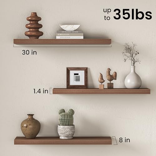 Image of Fun Memories 30Inch Floating Shelves for Wall, 8 Inch Deep Shelves for Bathroom|Bedroom|Kitchen Wall Mounted, Wood Hanging Shelf with Invisible Brackets for Home Storage Decor, Walnut - 3 Pack