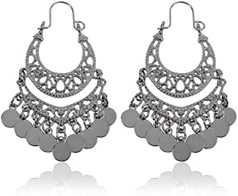 RIAH FASHION Bohemian Chandelier Coin Dangle Earrings - Gypsy Lightweight Filigree Disc Charm Tassel Ethnic Hoops (Curved Mini - Hematite)