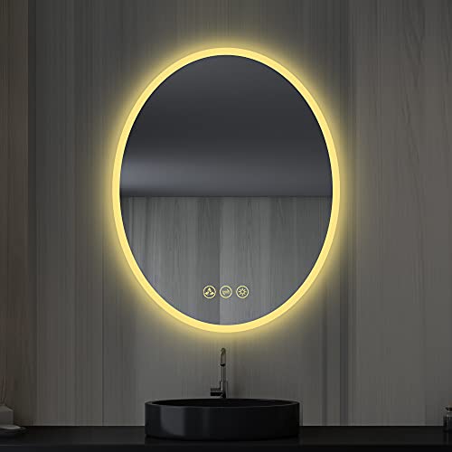 20x30 Inch Oval LED Lighted Makeup Mirror for Bathroom Vanity | LED Bathroom Mirror with Fogless Waterproof Glass, 3 Color Dimmable | Wall Mounted LED Vanity Mirror | Smart Lighted Makeup Mirror
