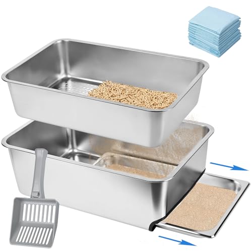 23.5''x15.7''x8'' Edelstahl-Wurfkiste, XXL ausziehbare, siebende Wurfkiste für Kiefernpellets, Hochseiten-Metall-Wurfkastensystem für Großkatzen mit Plastikschaufel &10 Urinpads (20CM)