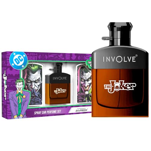 Image of Involve Your Senses - The Joker Car Perfume Spray with 3 Hanging Cards | DC OFFICIAL MERCHANDISE from Warner Bros | Freshen Up Your Car with Strong Aquatic Notes - WBSPRO2-50ml | Car Air Freshener