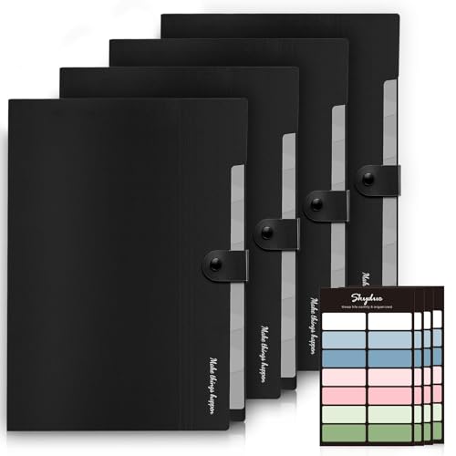SKYDUE Expanding File Folders with Labels,8 Pockets Accordion File Organizer, Portable Document Paper Organizer, A4 Letter Size Filing Folder for Office, Pack of 4, Black