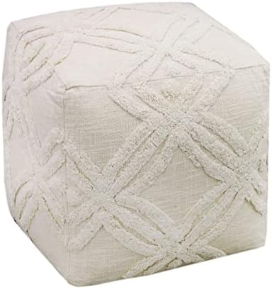 COTTON CRAFT Hand Tufted Pouf - Bedroom Dorm Home Accent - Foot Stool - Ottoman - Bean Bag - Versatile Modern Comfortable Prefilled Woven Cotton Square Pouf Footrest - 16x16x16 inches - Ivory