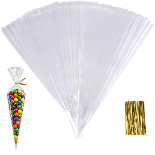 SHOKUTO 100Pcs Cone Bags 25 x 13cm Clear Cello Treat Bags with Gold Twist Ties Sweet Transparent Cellophane Bags Triangle Goody Bag for Party Candy Snacks Chocolates Popcorn Cookies