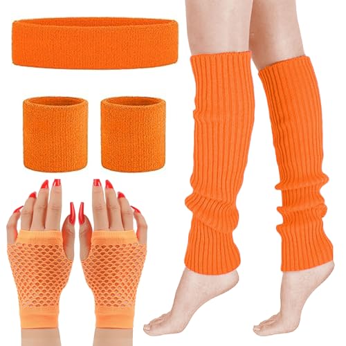 MUNSKT Lot de 4 jambières, gants en résille, bandeau, bracelets fluo, accessoires de déguisement des années 80, costumes de fête à thème rétro des...