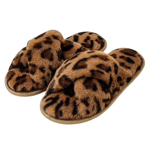 JazRvr Leopardenmuster Hausschuhe Damen Plüsch, Kuschelige Hausschuhe mit Leopardenmuster, Weiche Plüsch Hausschuhes für Damen, Größe 40-41