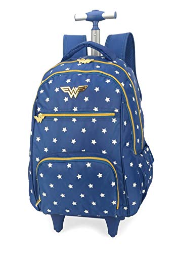 Mochila Rodinhas Mulher Maravilha Mochilete Carrinho Azul