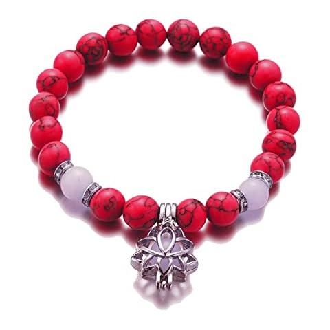 Esperlem Anxiety Destress Bracelet Lotus Flower Charm Beads Bracelet Luminous Glow in The Dark Turquoise Stone Stretch Bracelet for Men Women (Red, Green Light) Cover