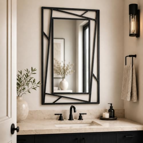 NXHOME Black Geometric Wall Mirror, 36 x 24 Inch Decorative Metal Framed Bathroom Mirror for Living Room, Entryway and Bedroom, Horizontal or Vertical Mount