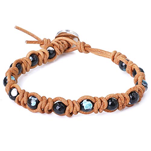 KELITCH Natural Leather Wrap Bracelet Agate Crystal Skull Mix Beaded Bracelet for Women Men Strand Bracelets New (Green 2A)