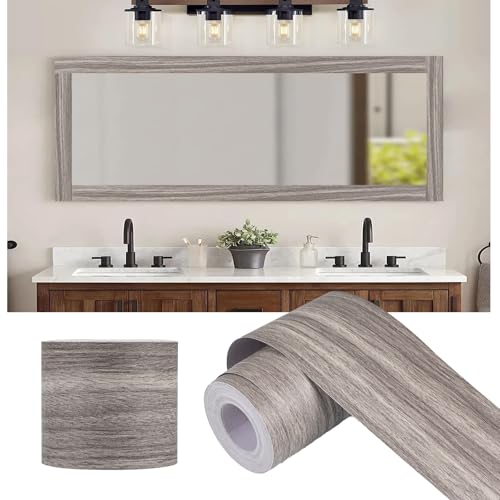Alened 10M Grey Mirror Border Peel and Stick, Wood Grain Wallpaper Border
