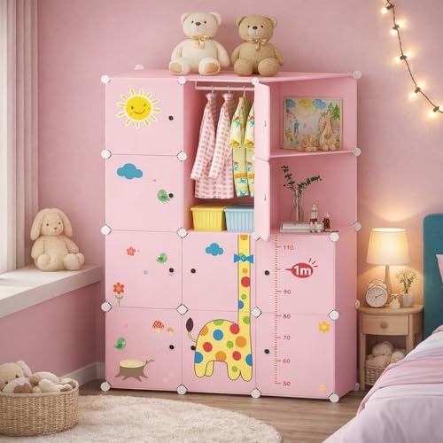Image of Kids Plastic Collapsible Wardrobe Organizer for Storage | Cute Cartoon Design | Heavy Duty Cloth Organizer for Storage | Easy to Assemble | Perfect for Kids Room & Home (Pink-O5)