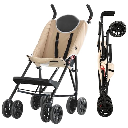 Silla de ruedas para personas con discapacidad MobiQuip XL, arena: ruedas adaptada para niños mayores de hasta 50 kg, con estructura plegable ligera, reposapiés ajustable y arnés de 5 puntos