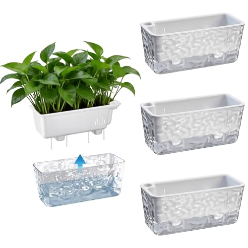 Image of Yimomoyi Self Watering Plant Pots, Set of 3 Rectangular Windowsill Herb Planter Box, Modern Plastic Flower Pots for Indoor Outdoor Garden Office Patio, 28.2 * 12.7 * 12.5cm