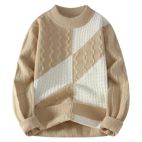 Cambkatl Men's Color Block Crewneck Sweaters, Pullover Loose Long Sleeve Vintage Patchwork Knitted Casual Sweater Tops