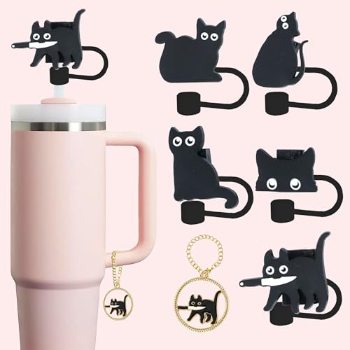 Black Cat Straw Topper, 10mm (0.4in) Cute Cat Straw Covers for Stanley Cup Accessories - Black Cat Accessories, Stuff, Things, Gifts for Women, Kids, Girls, Boys, Mom on Halloween, Birthday decoration