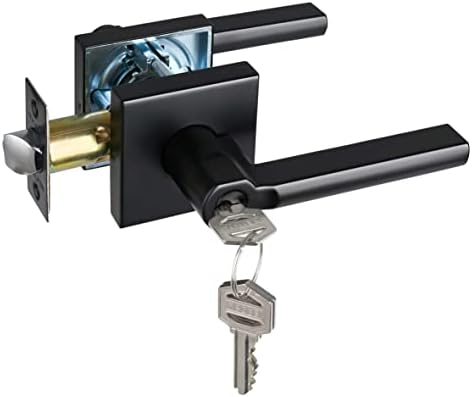 HISAFE Heavy Duty Keyed Entry Door Lever, Matte Black Square Door Handle Interior Door Lock for Front Door and Office, Reversible Right and Left, Non Keyed Alike, 1 Pack