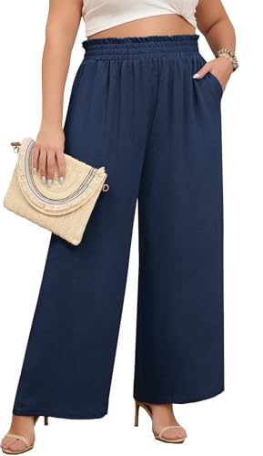 Lastshe Women's Plus Size Business Casual Pants High Waisted Fashion Lounge Dress Pants Straight Wide Leg Long Trousers with Pockets,Navy Blue,3X