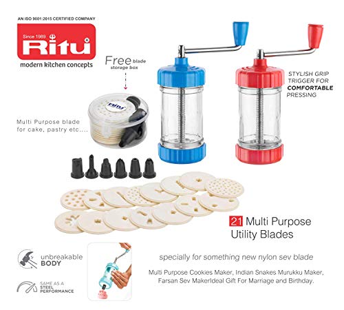 Image of RITU Snacks Maker with 21 Pieces | Sev Sancha Machine& Muruku Maker | Namkeen and Snacks Maker Set Durable & Easy to Use | Perfect for Homemade Snacks Ideal for Kitchen & Parties | Blue