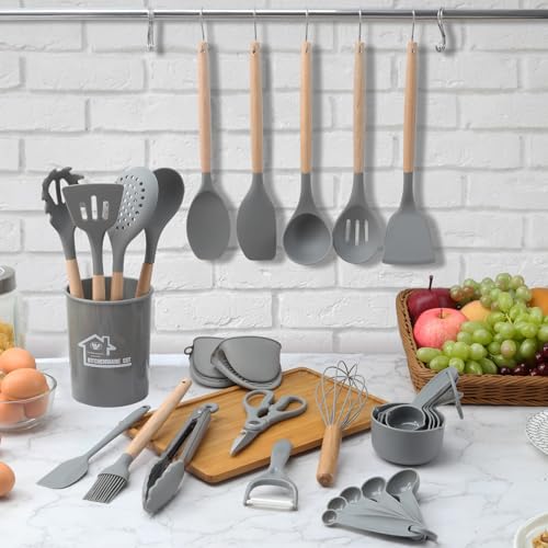 38 Pieces Kitchen Utensils Set, BEWOS Silicone Cooking Utensils Set with Spatula, Utensil Holder and Measuring Spoons, Nonstick Heat Resistant, Grey Kitchen Gadgets, Wooden Handle