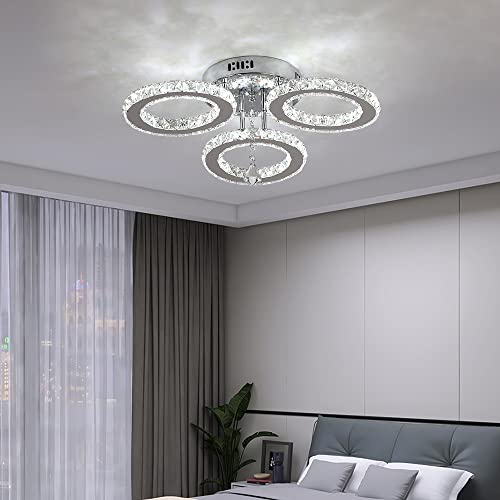 Deckrico Modern Crystal Chandelier Flush Mount Stainless Steel Pendant Ceiling Lamp 3-Rings Round Led Light Fixtures For Living Room Bedroom Restaurant Porch Dining Room (Dimmable) #TOP5