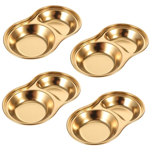VANZACK Set de 4 Platos de Salsa de Acero Inoxidable Dorado Diseño de Doble Celda, Fáciles de Limpiar y Ahorran Espacio para Barbacoas Interiores y Exteriores