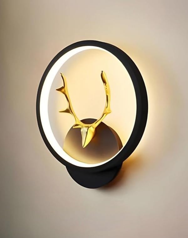 Image of Homesake LED Wall Lamp for Living Room Bedroom, Modern Golden Deer Decorative Wall Light, Warm White Indoor Designer Home Decor Light, Stag Face, Circular Frame, (Black, Round)