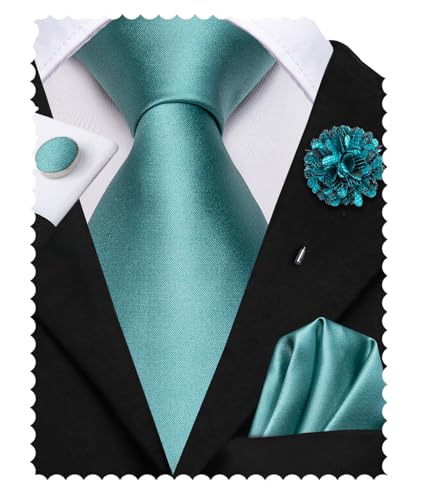 Image of Hi-Tie Solid Teal Green Ties for Men Silk Woven Necktie and Lapel Pin Pocket Square Cufflinks Sets Formal Business Wedding