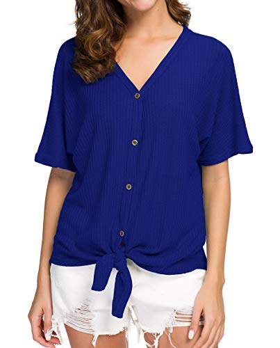 image for IWOLLENCE Womens Waffle Knit Tunic Blouse Tie Knot Short Sleeve Henley