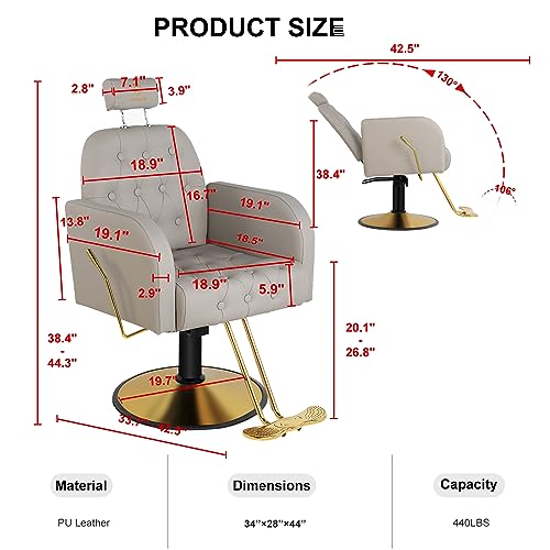 Barber Chair Salon Chair Adjustable Height and 360 Degree Rolling Swivel Hair Styling Chair Hydraulic Recline Salon for Barbershop Hair Salon Spa Equipment-Grey - Image 4