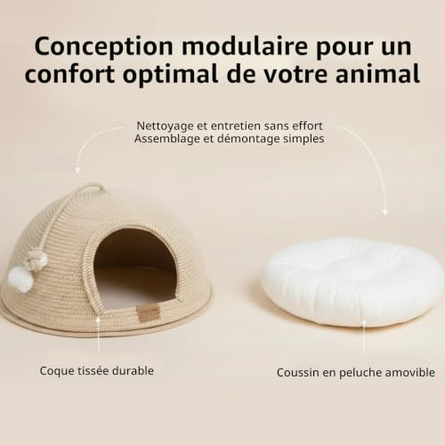 Cheerpals Niche pour Chat en Forme de Yourte, Panier Grotte Rigide et Résistant aux Griffes (2 KG), Lit Chat Déhoussable avec Fermeture Éclair et Coussin Douillet, Été et Hiver, 53x53x30 cm – vue 9
