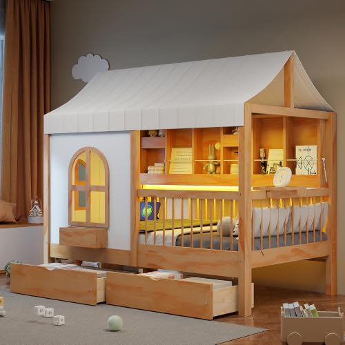Image of House Bed with Tent and Bookshelf, 2 Drawers,USB Charging