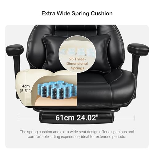 Poltrona Ufficio 200 kg, Sedia da Ufficio Gas Lift a 4 Livelli, Cuscino Extra Largo con Molla, Poggiatesta Regolabile, Braccioli 3D, Ergonomica con Poggiapiedi e Ruote in Gomma, PU Nero - Sedia gaming - Immagine 6