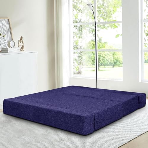 Image of Rosebell Three Seater Sofa Cum Bed | Jute Fabric Washable Cover | with 3 Printed Cushions Perfect for Guest | Purple | 5' X 6' Feet