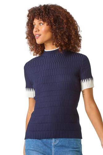 Roman Originals Ribbed Contrast Knit for Women UK - Ladies Everyday Autumn Winter Funnel Neckline Comfy Soft Evening Vacation Work Party Night Out - Navy - Size 14