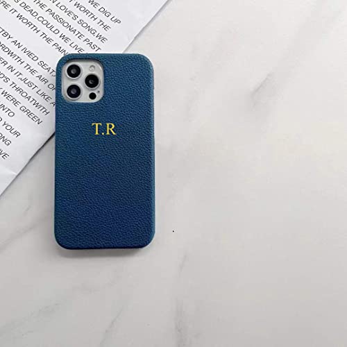 Personalised Gold & Silver Initial Letters Luxury Pink & Blue Pu Pebble Leather Case For Iphone 13 Pro Max 12 Pro Max 11 X Xr 7 8 Plus Se 2020 Cover, Monogrammed Embossed Hard Phone Cases (Dark Blue) #TOP3