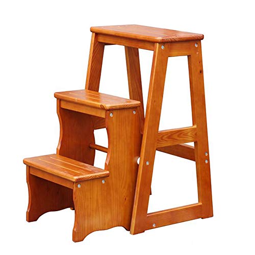 Preisvergleich Produktbild Dreistufiger Treppenhocker aus Massivholz, Haushalts-Klappleiter, Zweifach-Leiterstuhl (Farbe : Teak color)