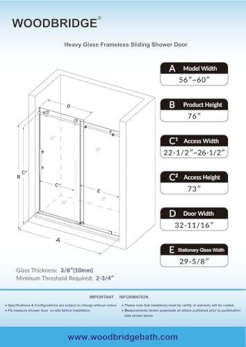 Woodbridge MBSDC6076-MBL Frameless Sliding Shower, 56 Inch-60 Inch Width, 76 Inch Height, 3/8 Inch (10 Mm) Clear Tempered Glass, Black Finish, Designed For Smooth Door Closing. Mbsdc6076-Mbl thumb #6