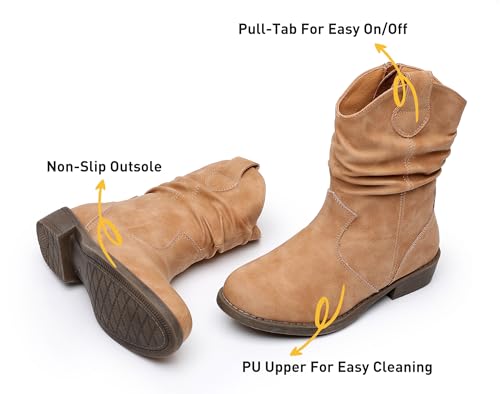 Apakowa Girls Cowgirl Boots Girls Western Slouch Mid-Calf Boots with Side Zipper Soft Faux Suede Fashion Dress Boots for Little & Big Kids3