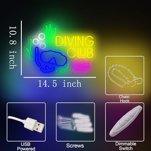 Image of Diving Club Neon Sign, Scuba Mask Neon Lights for Wall Decor,USB Powered LED Light Up Signs for Dive Shop,Ocean Room,Party Decorations,Gift for Birthday,Christmas
