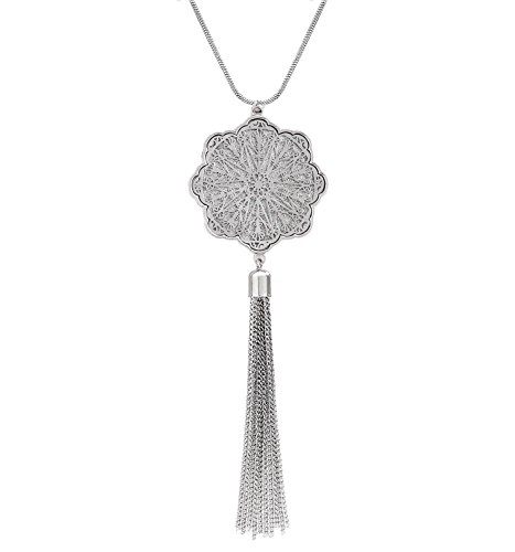 MOLOCH Long Necklaces For Woman Disk Circle Pendant Necklaces Tassel Fringe Y Necklace Set Statement Pendant (floral-shaped-silver)