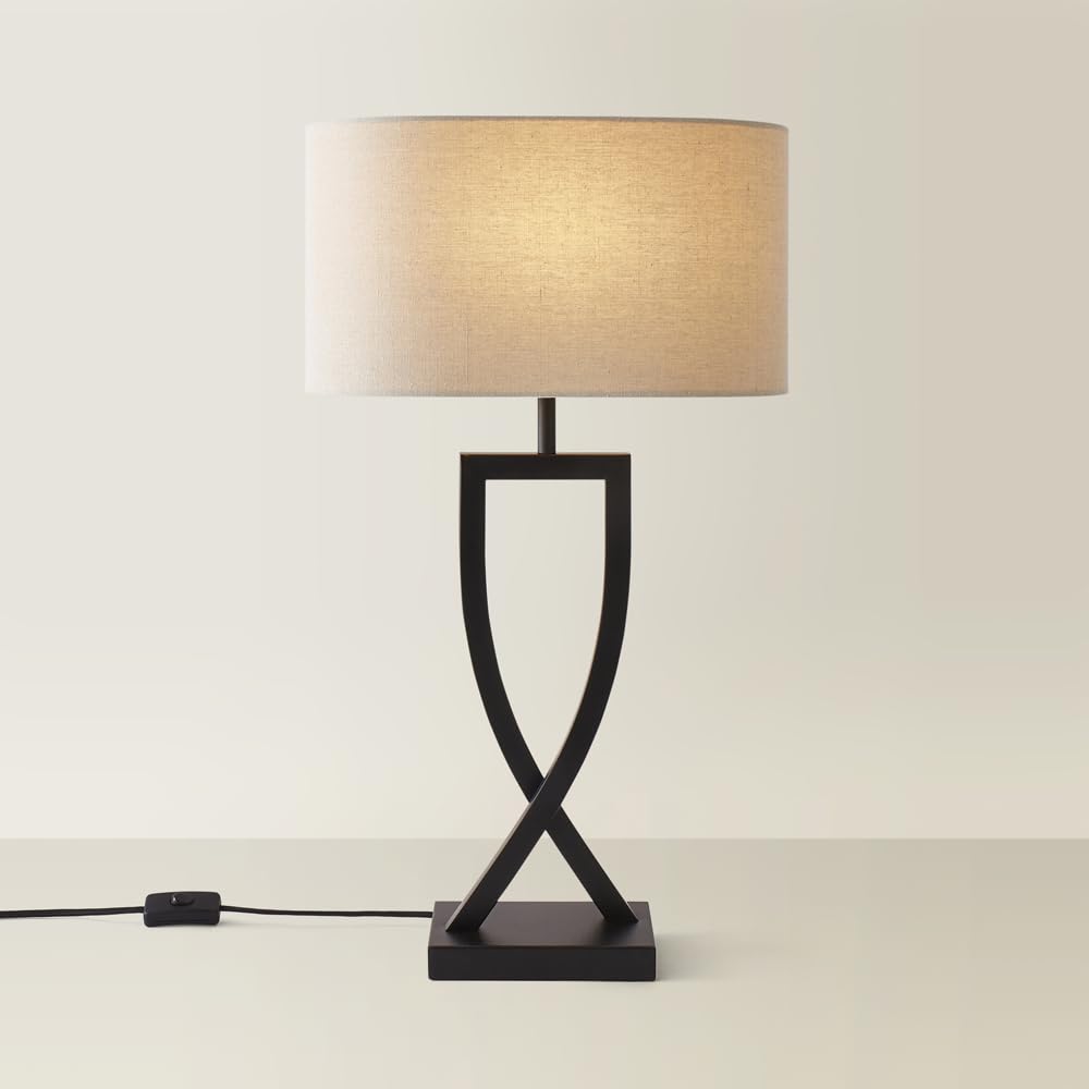Valuelights Black/Oatmeal | Large Metal Table Lamp With An Lampshade | Table Lamps, Home Décor & Improvement Essential | Includes 4W Led Bulb