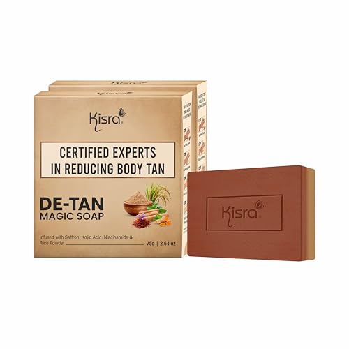 Image of Kisra De-Tan Magic Soap | 2-in-1 Exfoliating Scrub & Cleansing Bar | With 2% Kojic Acid, Niacinamide, Saffron & Walnut | Tan Removal Bath Soap for Dark Spots & Glowing Skin | For Unisex 75g (2 Pack)