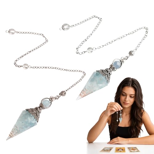 2 Stück Aquamarin Pendulum Edelstein Pendel Kristall Natürlichem Kristall Edelsteine Kegel Anhänger mit Kette pendel esoterik für Hexerei Zeremonie Wahrsagen Reiki Heilung und Esoterik Geschenke